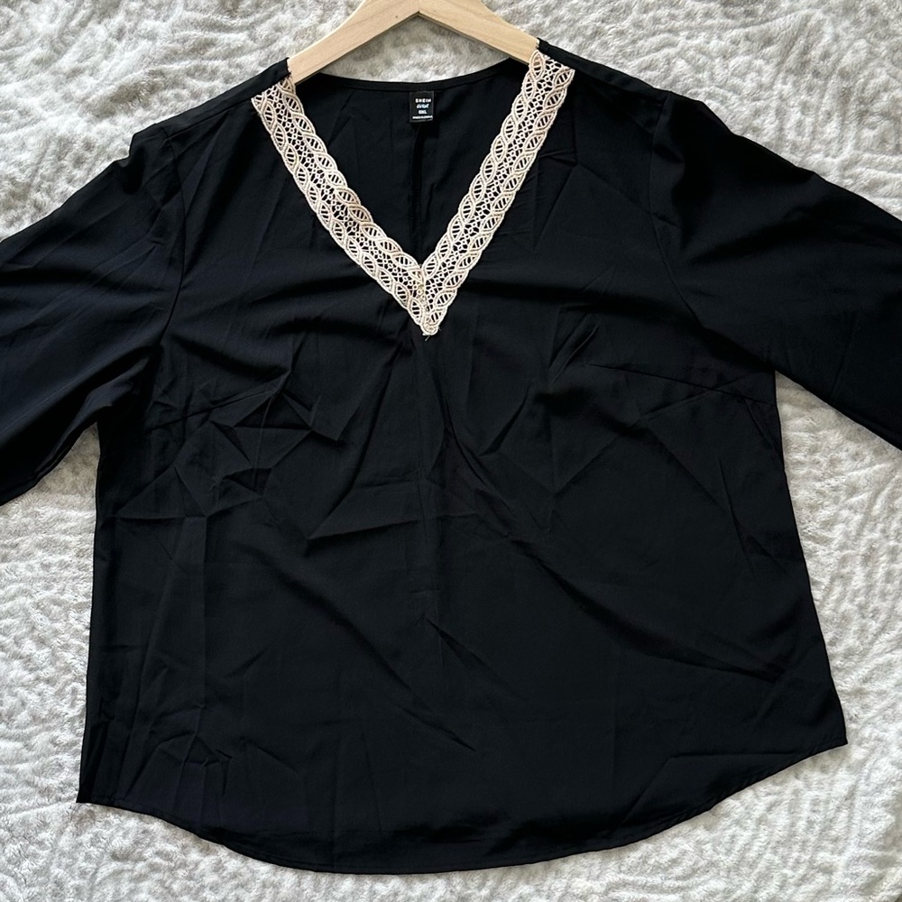 SHEIN CURVE CONTRAST LACE LONG-SLEEVE BLOUSE BLACK/TAN 0XL WOMEN - Picture 8 of 15